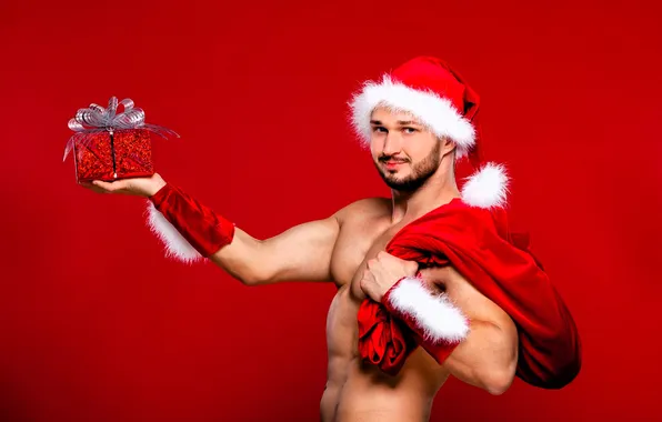 Gift, hat, New year, male, Santa Claus, bag, torso, Bracers