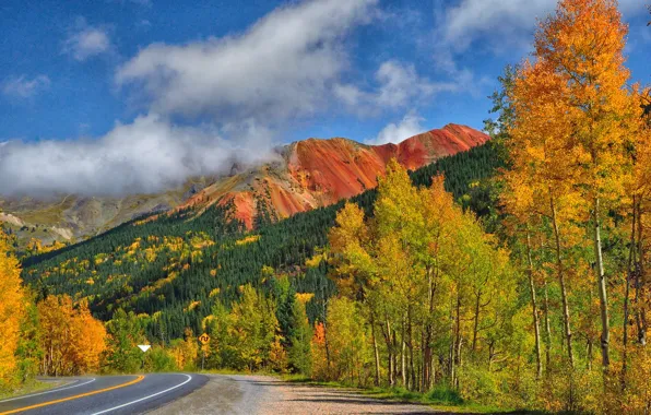 Road, autumn, the sky, trees, mountains, slope, highway