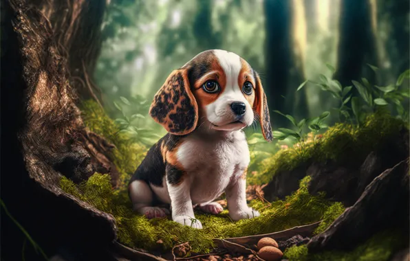 Picture forest, nature, rendering, tree, graphics, dog, baby, puppy