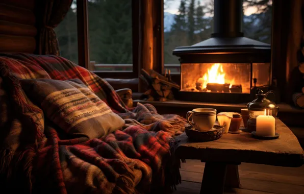 Picture comfort, new year, interior, pillow, Christmas, fireplace, plaid, AI art