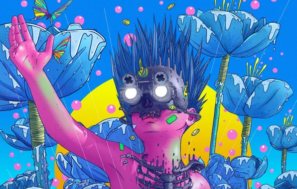 Flowers, Butterfly, Glasses, Face, Fantasy, Art, Fiction, Neon