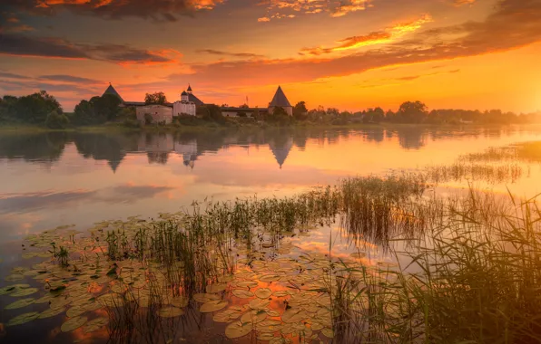 Landscape, nature, fog, river, dawn, village, morning, fortress