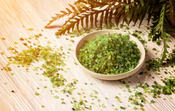 Leaves, bowl, green, Spa, sea salt, salt for the bath