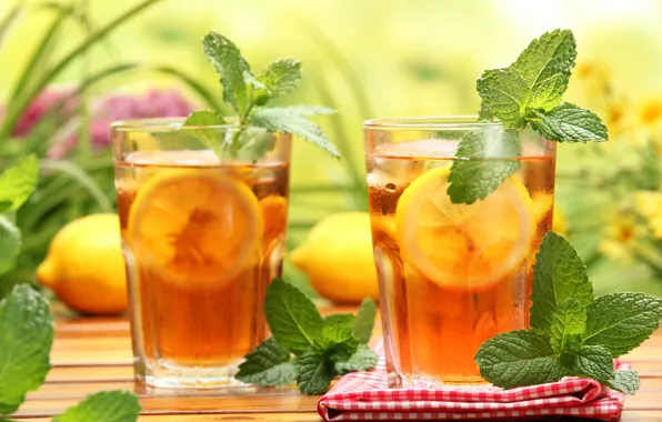 Picture table, lemon, tea, glasses, drink, mint, napkin, iced tea