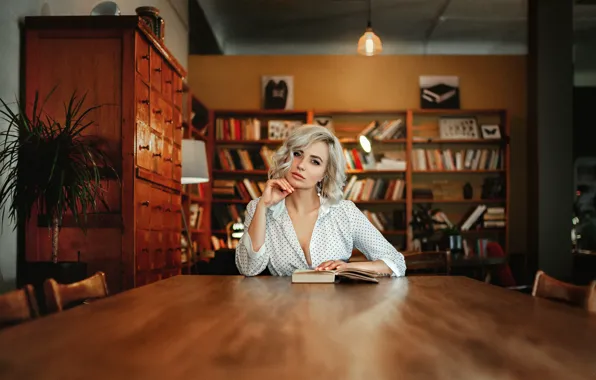 Picture girl, pose, table, blonde, book, beauty, Aleksey Uriev