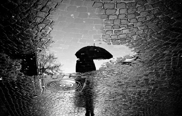 Road, the city, reflection, rain, people, umbrella, puddle, the sidewalk