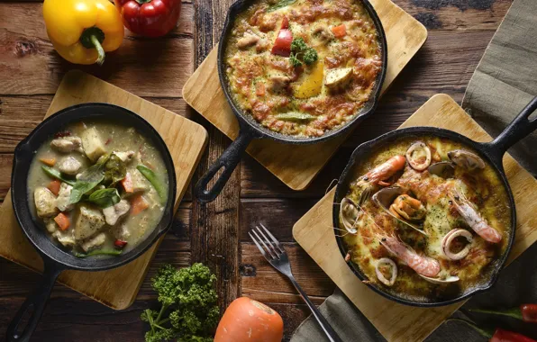 Soup, vegetables, shrimp, meals, casserole