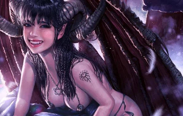 Girl, Chest, Smoke, Smile, Style, Girl, Wings, The demon