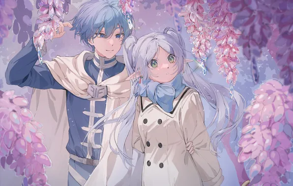 Girl, elf, fantasy, guy, Wisteria, Sky, Sousou no Frieren, Freeze