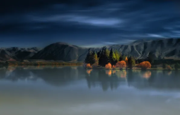 Autumn, forest, clouds, trees, mountains, fog, lake, reflection