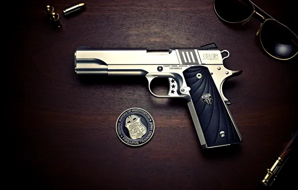 Picture Gun, Bullets, Colt, Glasses, 1911 Colt, Officer's Pistol