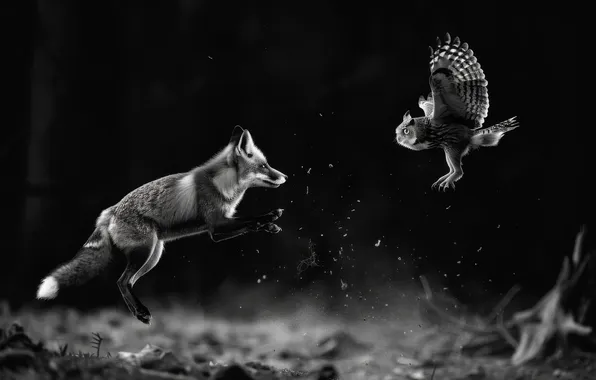 Owl, Fox, Two, The dark background, Digital art, Black and white, Predators, AI art