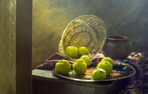 Pot, still life, basket, quince