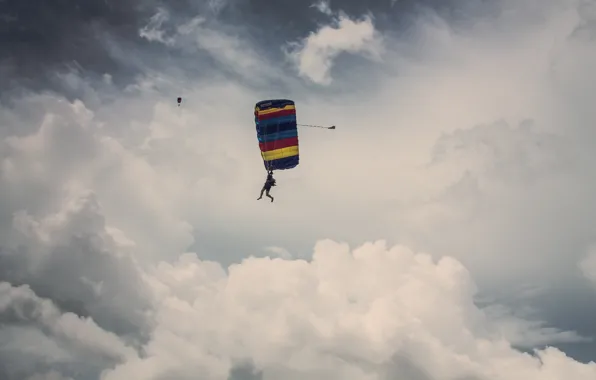 The sky, clouds, skydivers, extreme sports, skydiving, parachuting