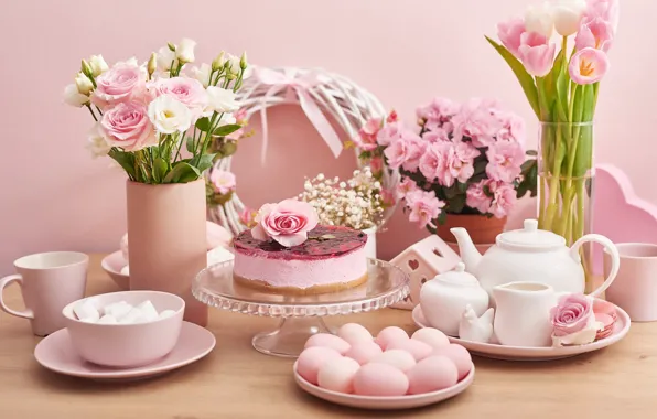 Flowers, holiday, eggs, Easter, cake, dishes