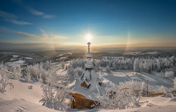 Winter, frost, the sun, snow, lights, sunrise, beauty, cross