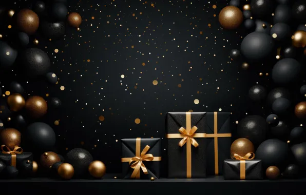 Balls, the dark background, gift, Christmas, gifts, New year, black background, gold plated