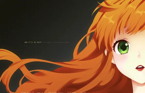 Face, grey background, green eyes, bangs, redhead girl, by Nardack