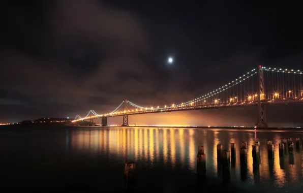 Night, bridge, lights, river, San Francisco, piles, USА, South Beach