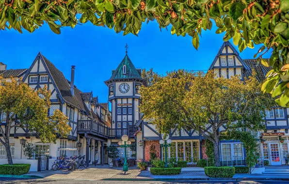 Picture trees, street, home, CA, California, Solvang, Tivoli Square, Solvang