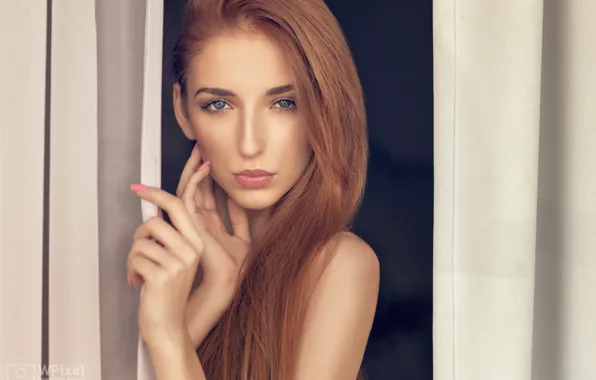 Look, girl, face, portrait, hands, red, redhead, long hair
