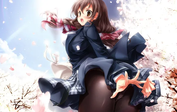 Girl, the wind, petals, Sakura, art, form, schoolgirl, mikage shizuku
