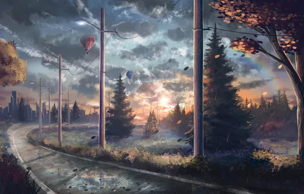 Balloons, rain, posts, rails, art, lights, painted landscape