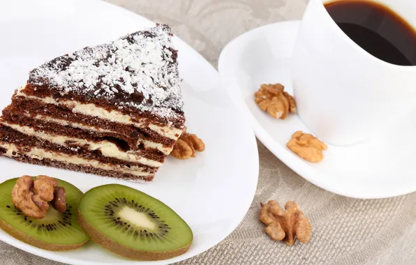 Coffee, kiwi, cake, cake, nuts, cake, dessert, cakes