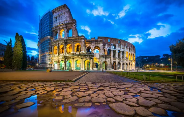 Picture Italy, Colosseum, Rome, Blue Hour, Reflection