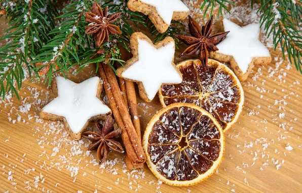 Spruce, oranges, branch, cookies, cinnamon, stars, dessert, cakes