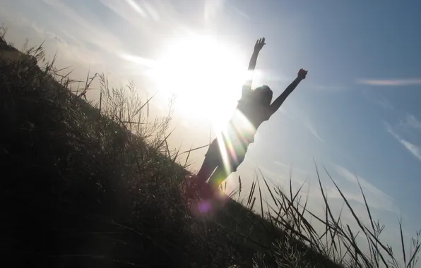 Field, freedom, girl, the sun, joy, sunset