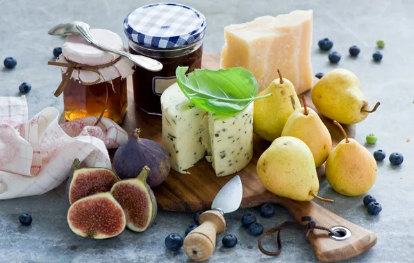 Cheese, blueberries, pear, figs