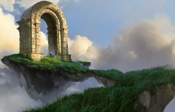 Grass, clouds, arch, rider, End of the path