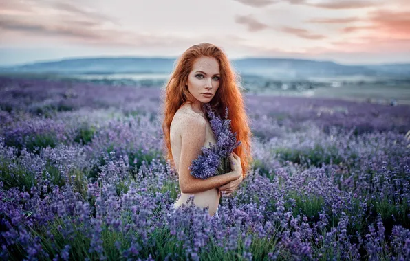 Picture girl, flowers, mood, freckles, red, redhead, long hair, lavender