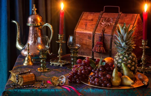 Picture style, candles, glasses, grapes, book, fruit, pineapple, chest