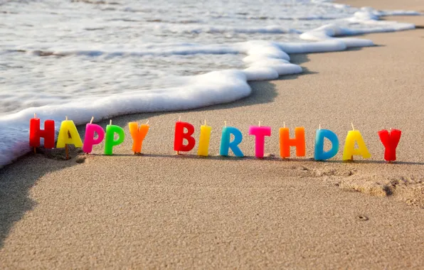 Happy, beach, sea, sand, holiday, birthday, congratulations
