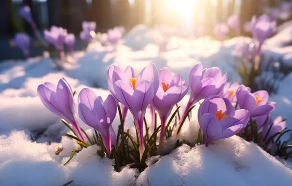 Light, snow, flowers, nature, glade, spring, crocuses, pink