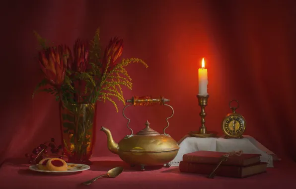 Red, watch, books, candle, bouquet, kettle, cake, still life