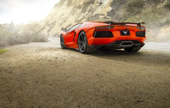 Picture Car, Lamborghini, LP700-4, Aventador, Sun, Orange, Rear, Road