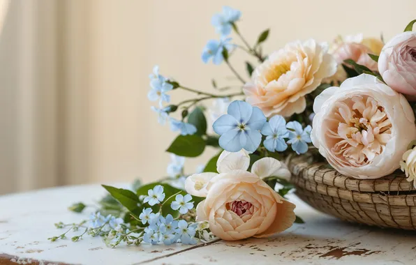 Leaves, table, roses, bouquet, blue, still life, light background, peonies