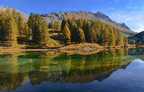 Picture autumn, the sky, clouds, trees, mountains, lake, reflection