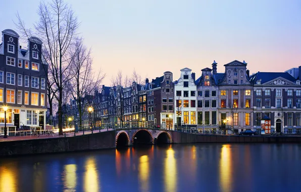 Picture lights, river, home, Netherlands