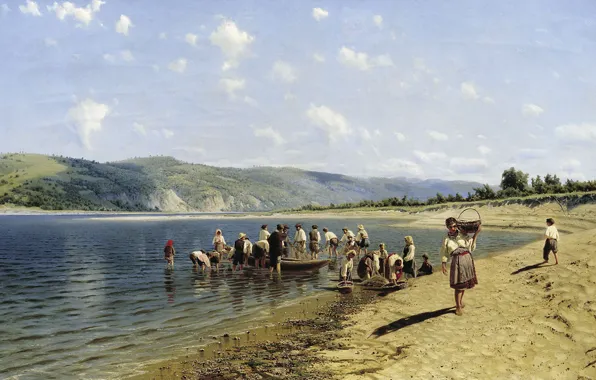 Landscape, river, people, oil, picture, canvas, Nikolai Sergeyev, Tonya on the Dnieper