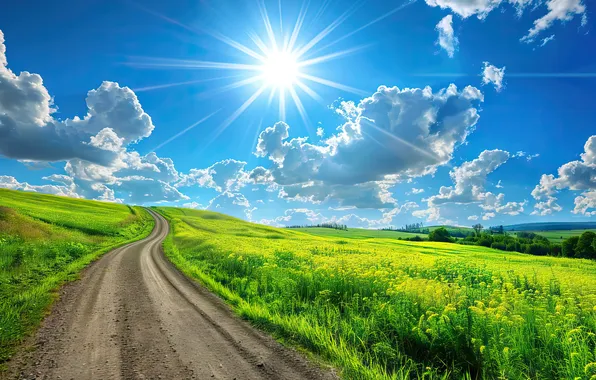 Road, field, summer, the sky, grass, spring, summer, sunshine