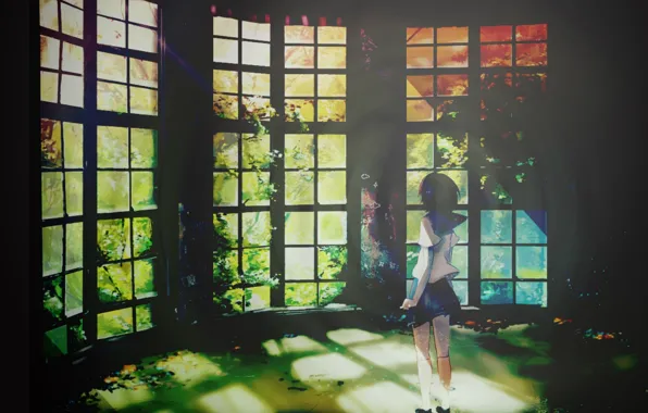Rays, light, back, Windows, plants, Schoolgirl, veranda, sailor