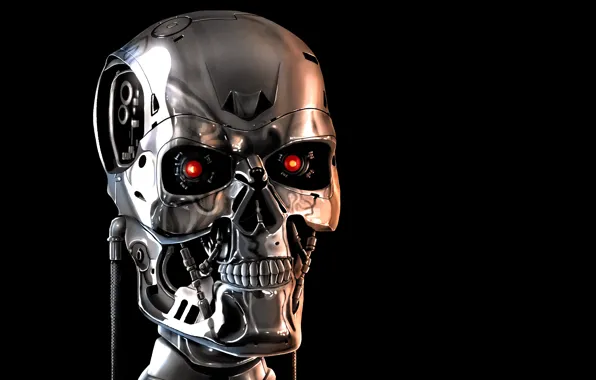 Picture face, skull, mechanism, robot, terminator, skeleton, black background, red eyes