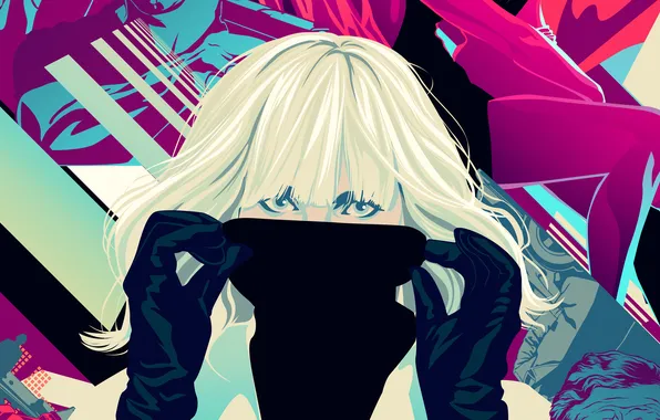 Abstraction, background, Charlize Theron, art, blonde, gloves, Charlize Theron, Atomic Blonde
