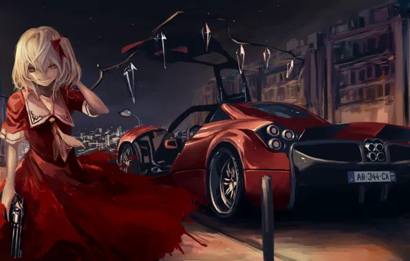 Machine, girl, the city, gun, wings, art, crystals, red dress