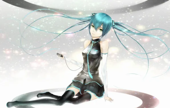 Picture girl, headphones, art, player, tie, wire, form, vocaloid