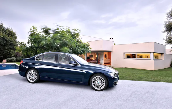 Auto, Blue, BMW, House, Machine, day, BMW, Sedan